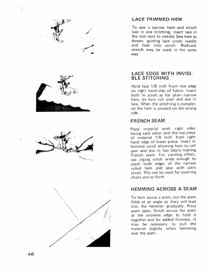 Lace trimmed hem, Lace edge with invisible stitching, French seam | Hemming across a seam, Lace trimmed hems | SINGER W426 User Manual | Page 47 / 48