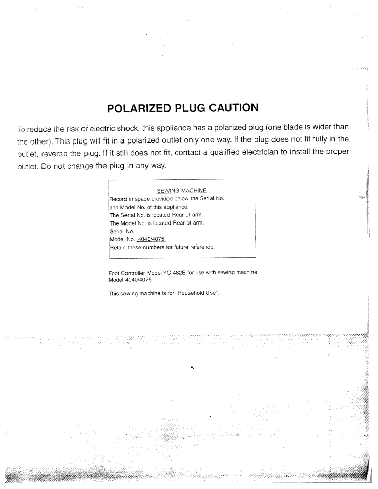 Polarized plug caution, Plug, Polarized | Caution | SINGER W4042 User Manual | Page 2 / 68