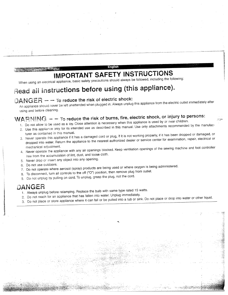 Important safety instructions, Read, Instructions before using (this appliance) | Burns, fire, Shock, Injury, Persons | SINGER W4042 User Manual | Page 3 / 68