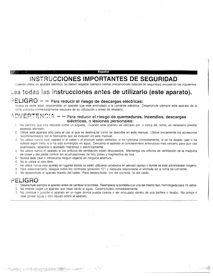 Imstrucciones importantes de seguridad, Peligro, Imstrucciones | Importantes, Seguridad, Ea todas las, De utilizarlo (este aparato), Advertemcia, Instrucciones antes | SINGER W4042 User Manual | Page 6 / 68