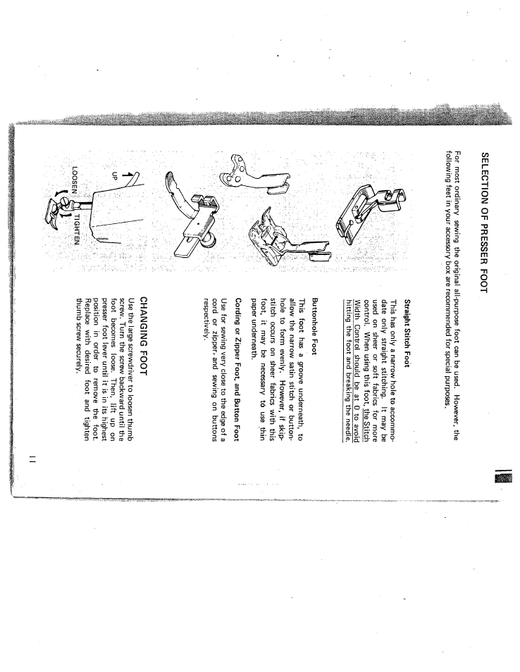 Selection of presser foot, Changing foot | SINGER W431 User Manual | Page 12 / 50