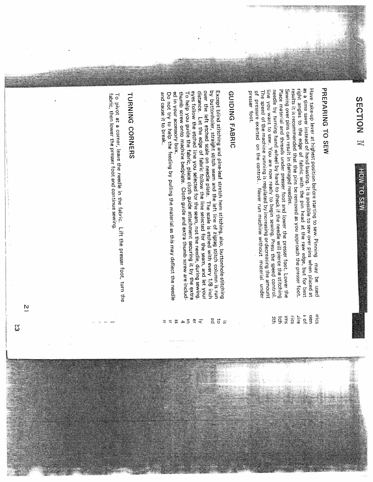 Section w, Preparing to sew, Guiding fabric | Turning corners, Preparing to sew guiding fabric turning corners | SINGER W431 User Manual | Page 22 / 50
