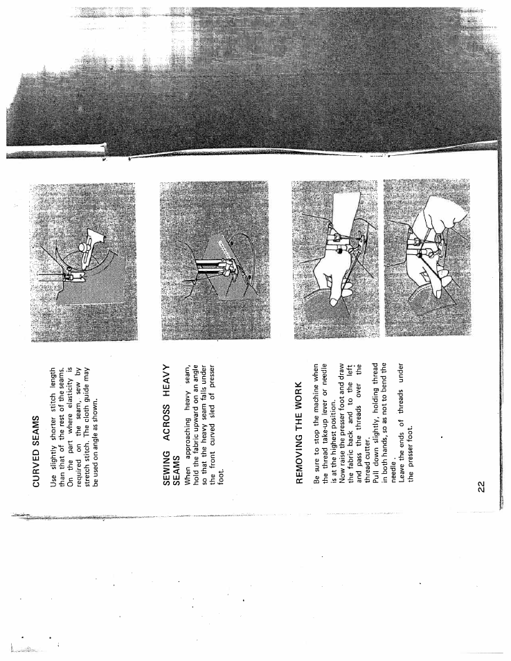 Curved seams, Sewing across heavy seams, Removing the work | Curved seams sewing across heavy seams | SINGER W431 User Manual | Page 23 / 50