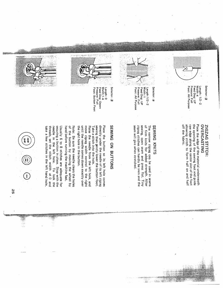 Zigzag stitch, Overcasting, Sewing knits | Sewing on buttons | SINGER W431 User Manual | Page 26 / 50