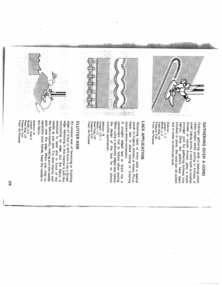 Gathering over a cord, Lace application, Flutter hem | SINGER W431 User Manual | Page 30 / 50