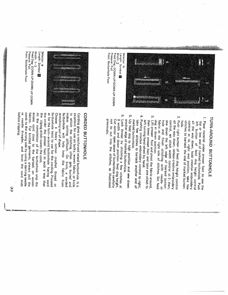 Turn-around buttonhole, Corded buttonhole | SINGER W431 User Manual | Page 34 / 50