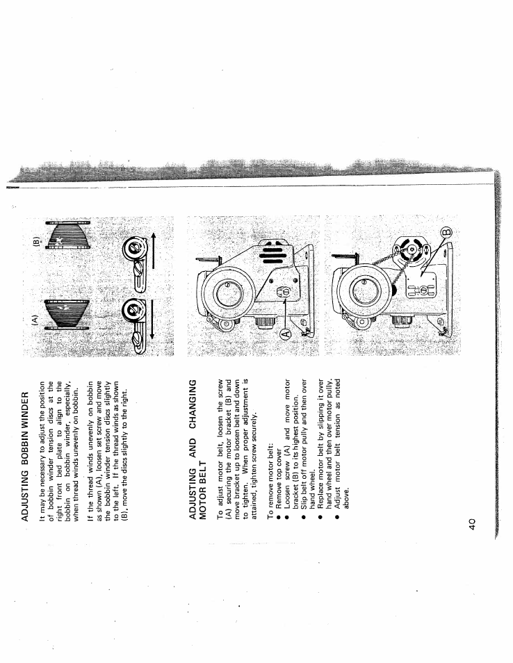 Adjusting bobbin winder, Adjusting and motor belt | SINGER W431 User Manual | Page 41 / 50