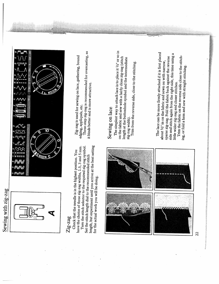 Sewing with zig-zag zig-zag, Sewing on lace | SINGER W4910 Euroflair User Manual | Page 24 / 52