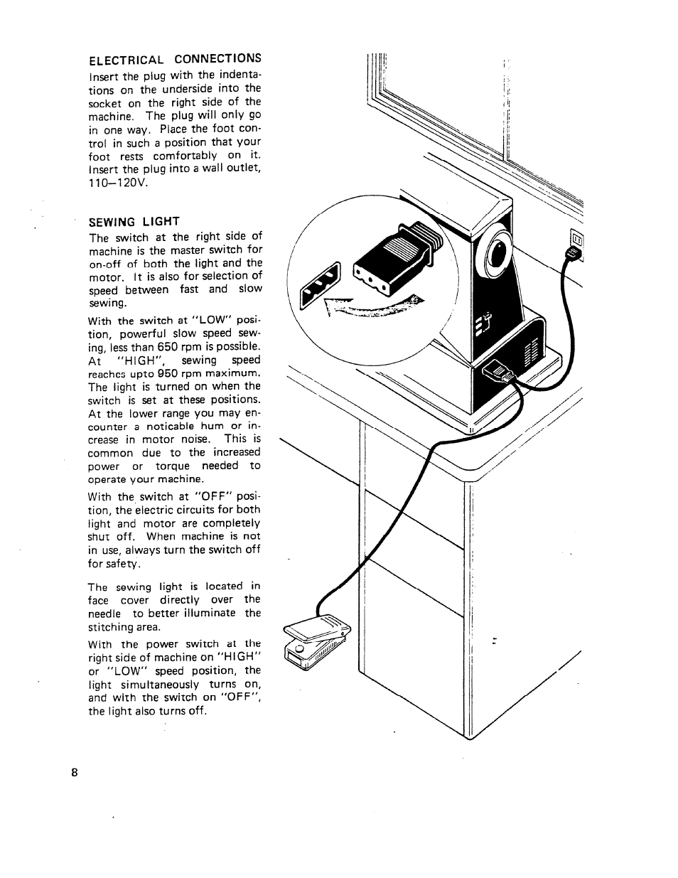 Electrical connections, Sewing light | SINGER W510 User Manual | Page 10 / 58