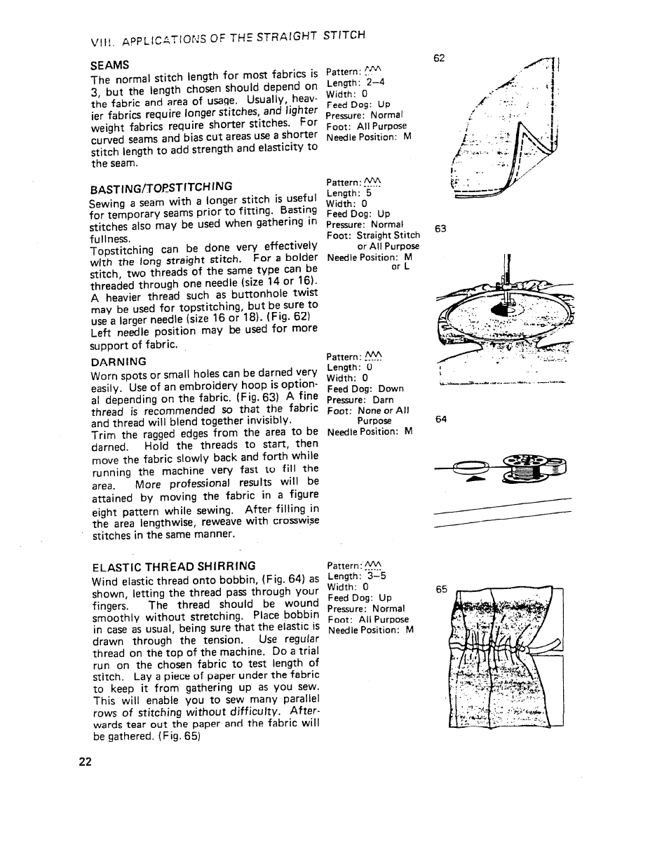 Seams, Basting/toestitching, Darning | Elastic thread shirring | SINGER W510 User Manual | Page 24 / 58