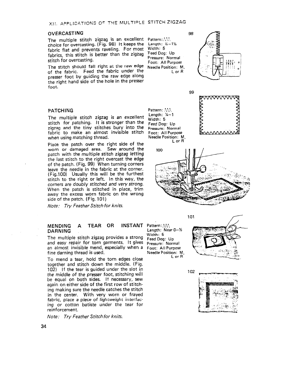 Overcasting, Patching, E?wwwww | Mending a tear or instant darning, Patching mending a tear or instant darning | SINGER W510 User Manual | Page 36 / 58