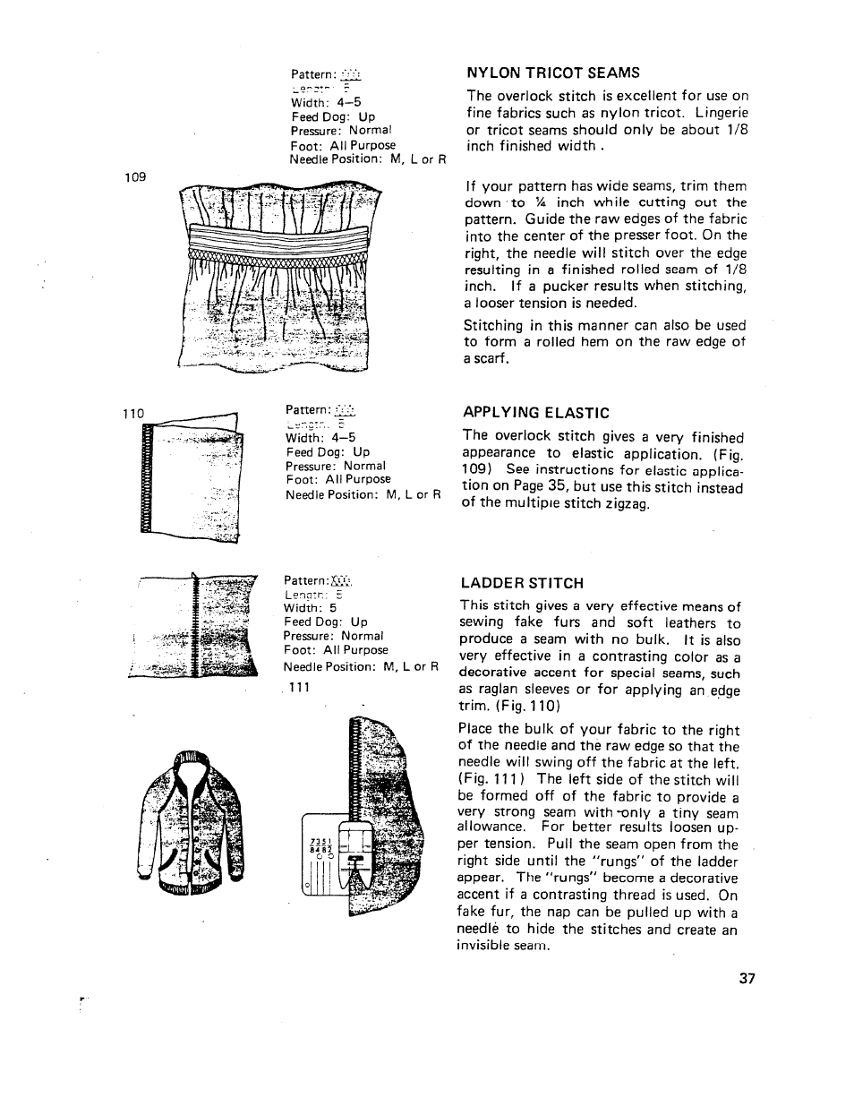 Nylon tricot seams, Applying elastic, Ladder stitch | SINGER W510 User Manual | Page 39 / 58