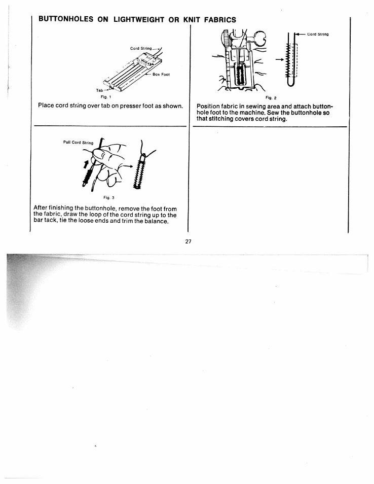 Buttonholes on lightweight or knit fabrics | SINGER W511 User Manual | Page 28 / 35