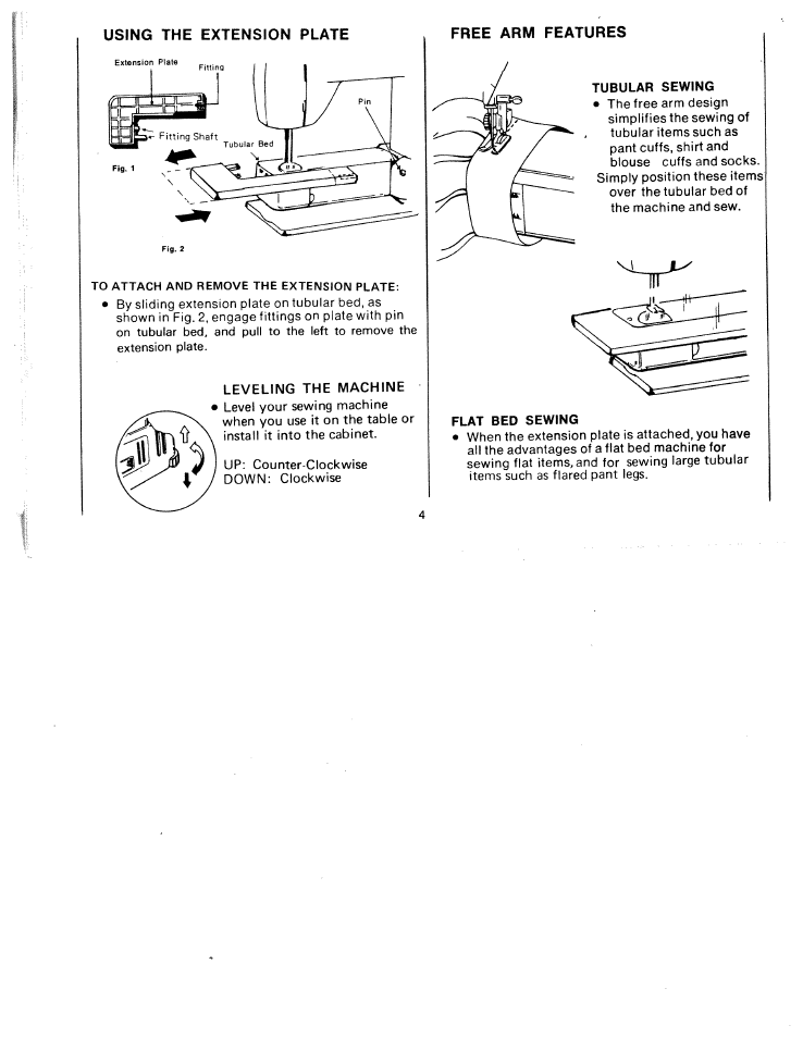 Leveling the machine, Tubular sewing, Flat bed sewing | SINGER W511 User Manual | Page 5 / 35