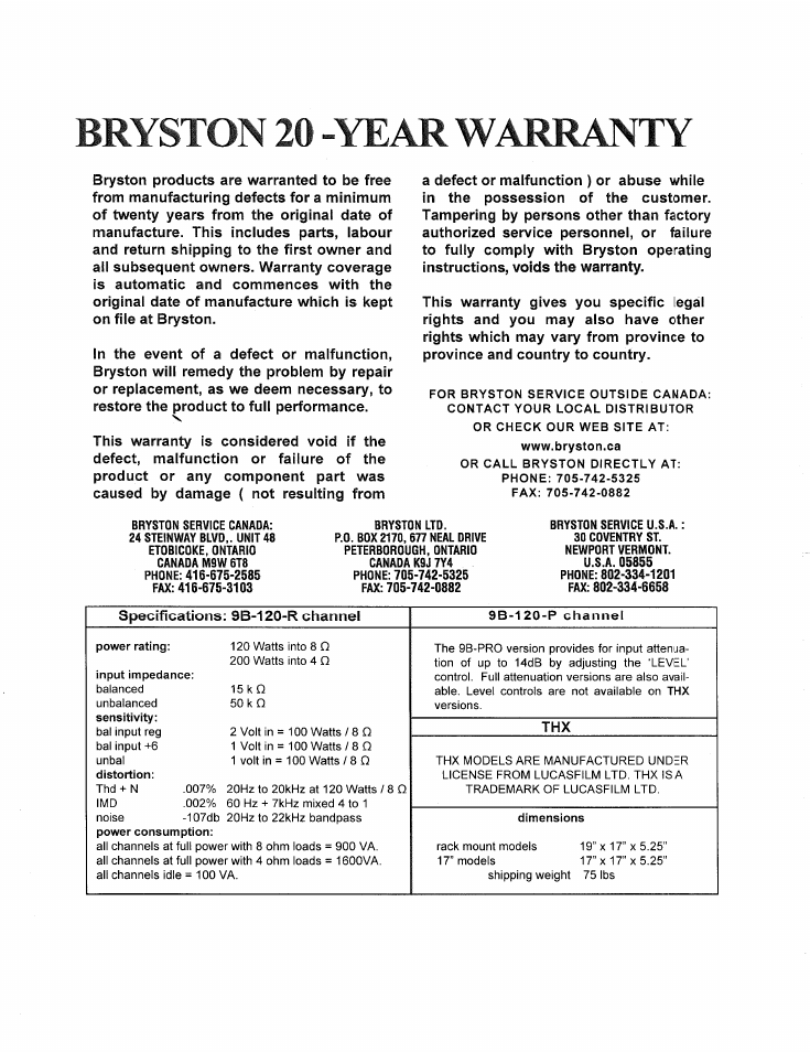 Bryston 20 -year warranty | Bryston 9B ST User Manual | Page 7 / 7