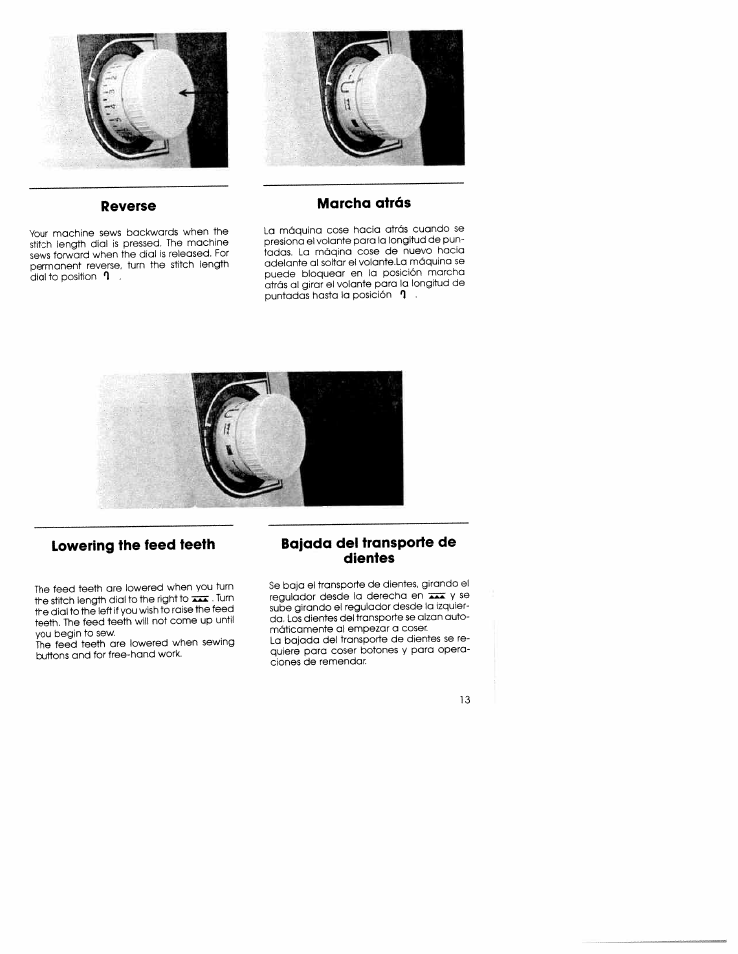 Reverse, Marcha atrás, Lowering the feed teeth | Bajada del transporte de dientes | SINGER W5839 User Manual | Page 11 / 30