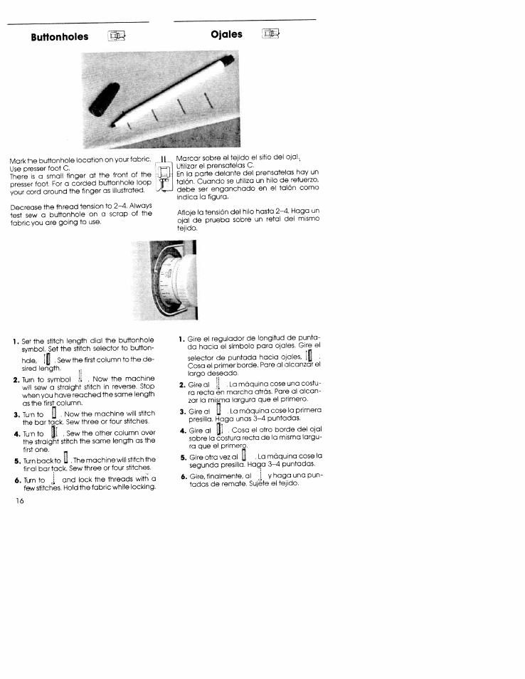 Buttonholes, Buttonholes ojales | SINGER W5839 User Manual | Page 14 / 30