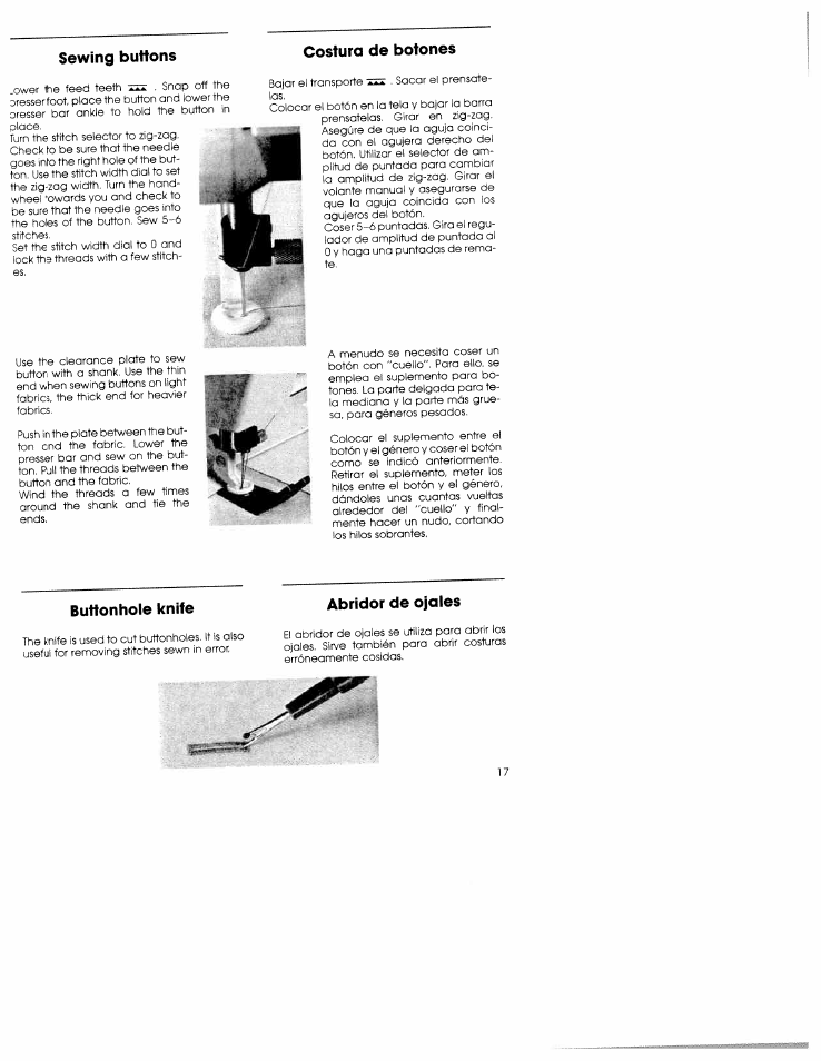 Sewing buttons, Costura de botones, Buttonhole knite | Abridor de o|ales | SINGER W5839 User Manual | Page 15 / 30