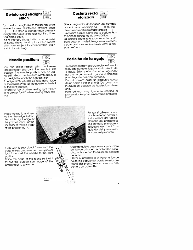 Re-inforced straight stitch, Costura recta i reforzada, Posición de la aguja | Needle positions posición de la aguja | SINGER W5839 User Manual | Page 17 / 30