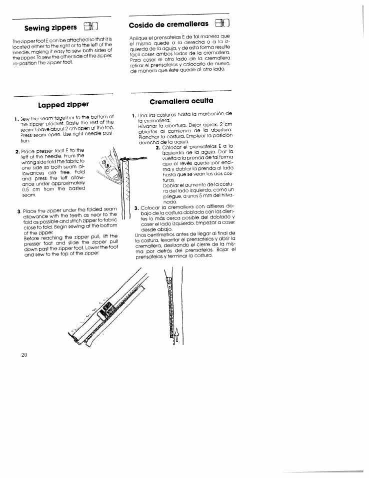 Sewing zippers el: j, Cosido de cremoileras tij, Lopped zipper | Cremaiiera oculta, El: j, Sewing zippers | SINGER W5839 User Manual | Page 18 / 30