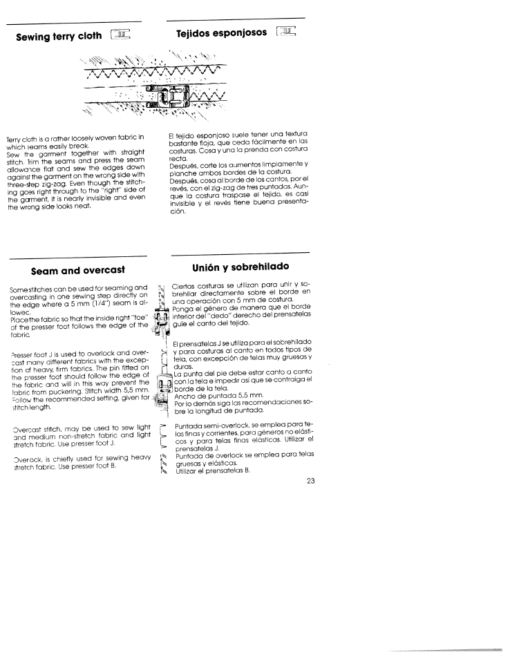 Sewing terry cloth, Tejidos esponjosos, Seam and overcast | Unión y sobrehilado, Sewing terry cloth tejidos esponjosos | SINGER W5839 User Manual | Page 21 / 30