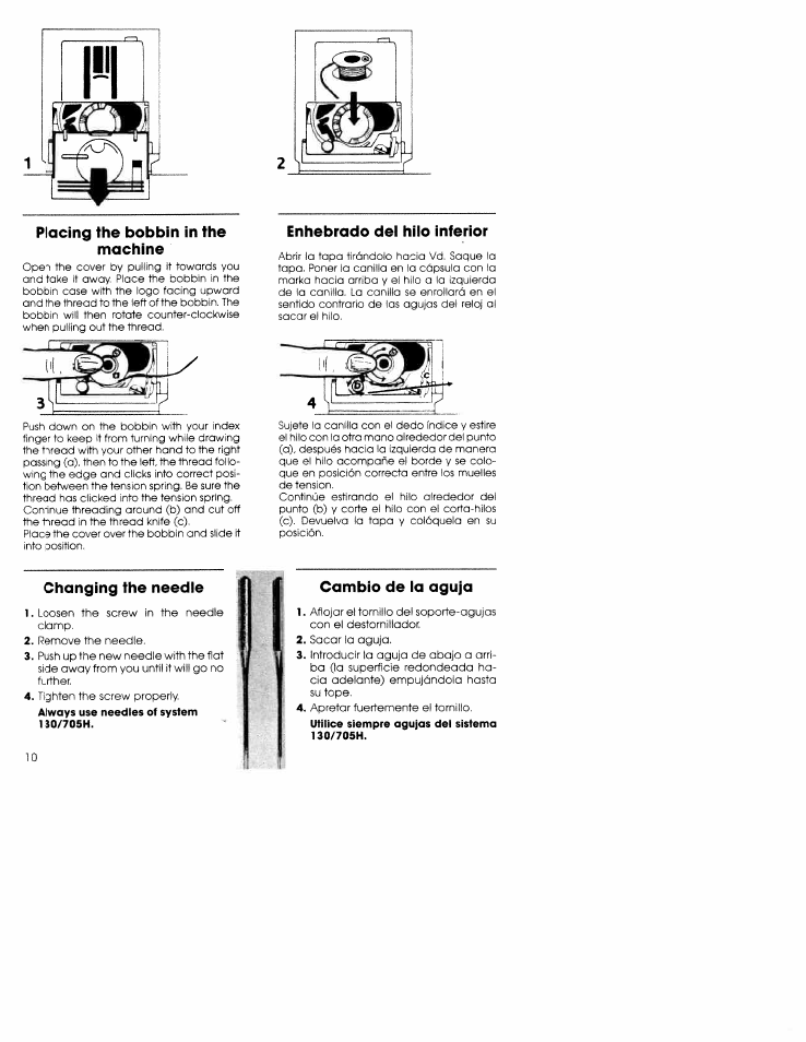 Placing the bobbin in the machine, Enhebrado del hilo inferior, Changing the needle | Cambio de la aguja | SINGER W5839 User Manual | Page 8 / 30