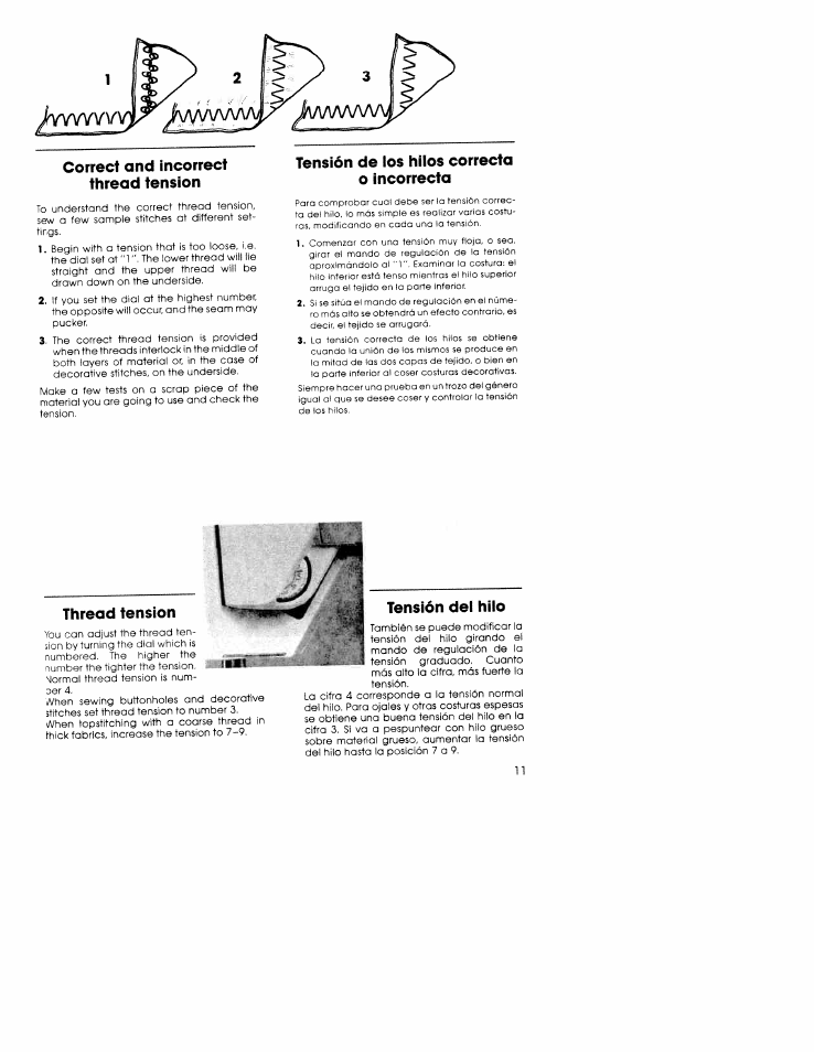 Correct and incorrect thread tension, Tensión de los hilos correcta o incorrecta, Thread tension | Tensión del hilo | SINGER W5839 User Manual | Page 9 / 30