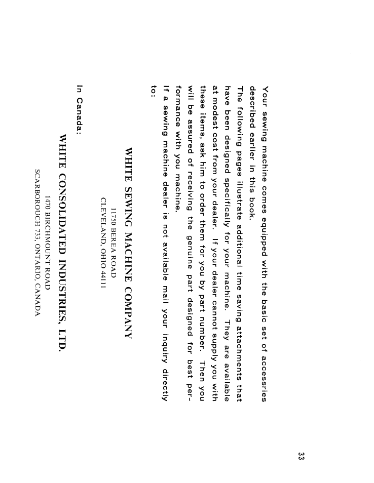 White sewing machine company, White consolidated industries, ltd | SINGER W610 User Manual | Page 35 / 44