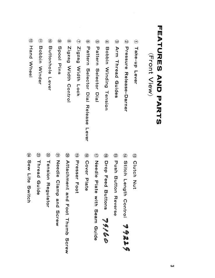 Features and parts, Front view) | SINGER W610 User Manual | Page 5 / 44