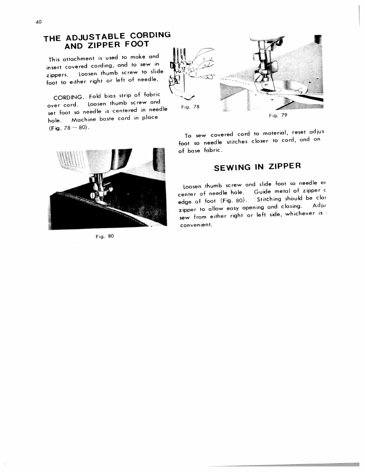 The adjustable cording, Sewing in zipper | SINGER W612 User Manual | Page 40 / 51