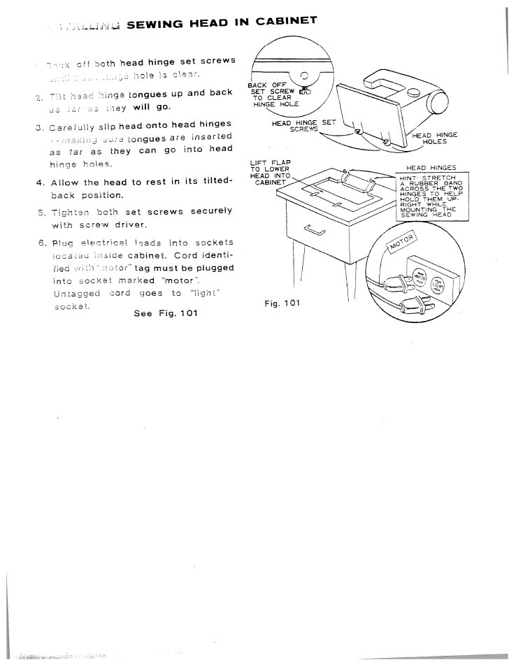 Nok off, Hols is clear, Tilt head hinga | As rai as tney, Carefully, Hinge holes, Tighta.n both, Plug electrical, Into sockets ioca iau inside, Fied wi ui "nnotor | SINGER W614 User Manual | Page 56 / 57