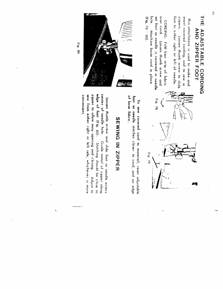 The adjustable cording and zipper foot, Sewing in zipper | SINGER W616 User Manual | Page 39 / 48