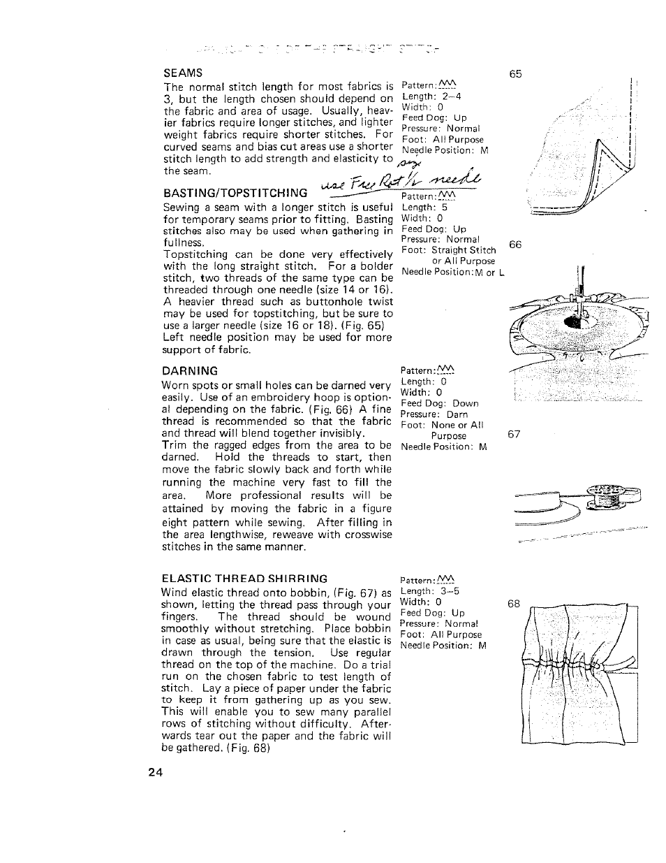 Basting/topstitching, Darning, Elastic thread shirring | SINGER W710 User Manual | Page 25 / 61