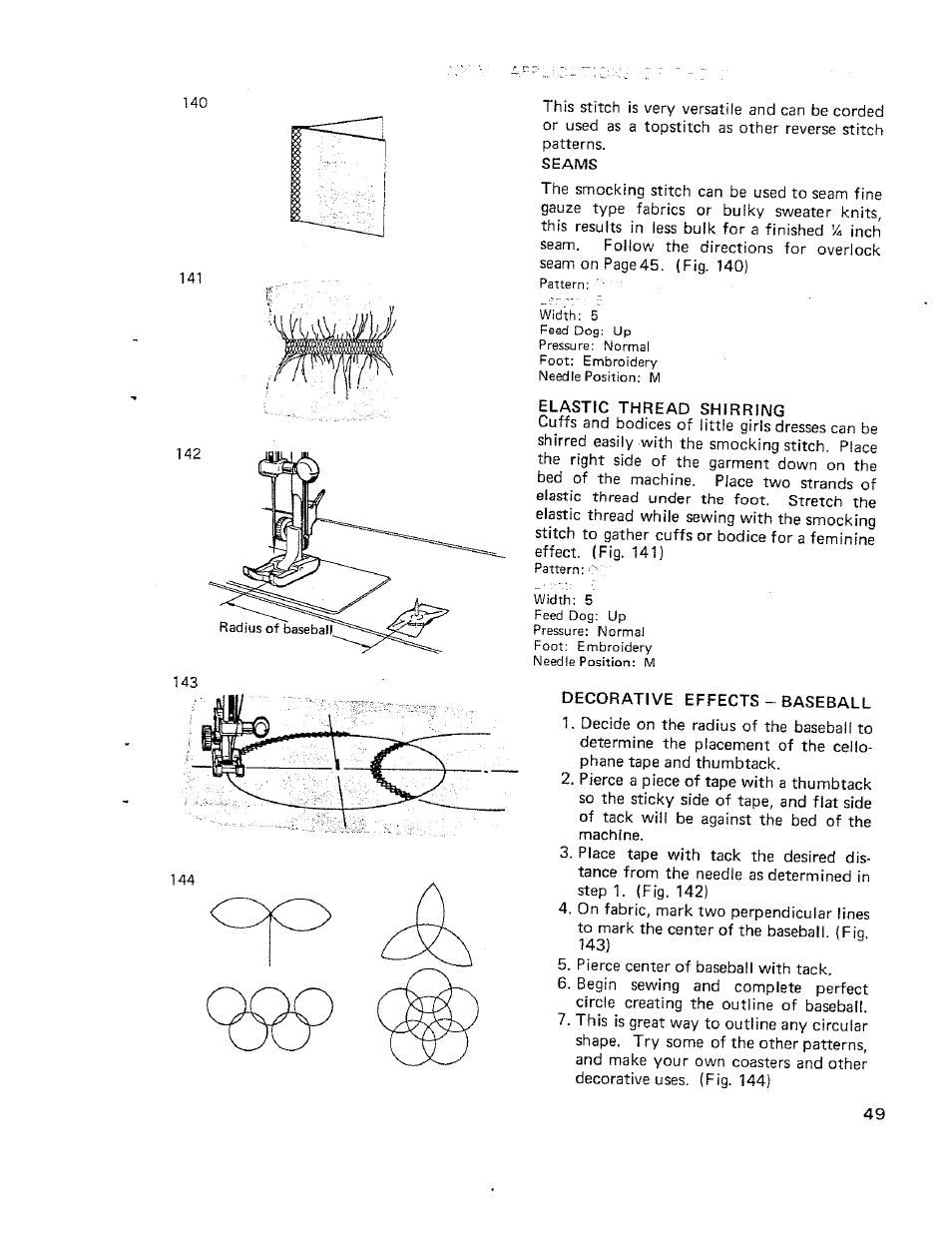 Seams, Elastic thread shirring, Decorative effects - baseball | Elastic shirring decorative effects — baseball | SINGER W710 User Manual | Page 50 / 61