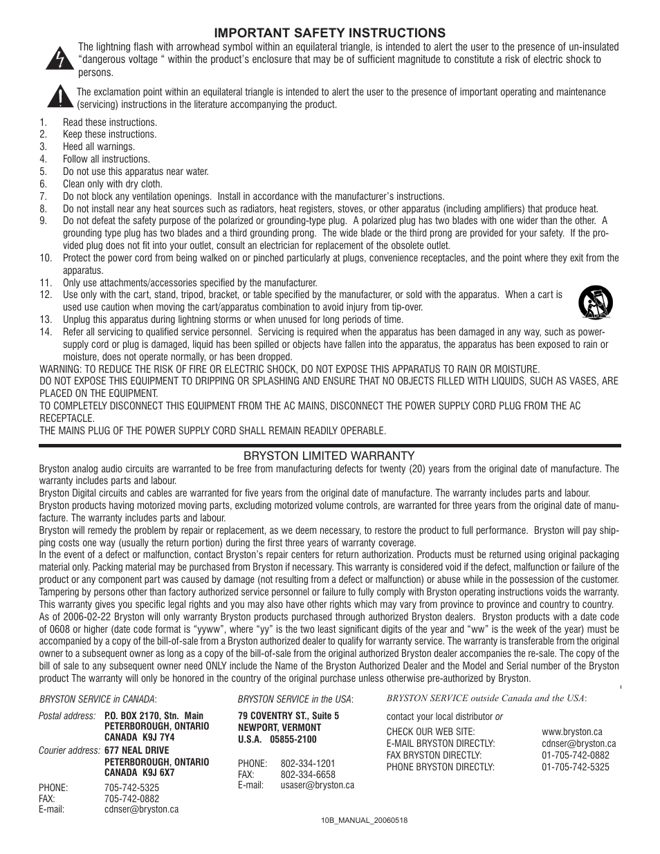 Important safety instructions | Bryston 10B-STD User Manual | Page 12 / 12