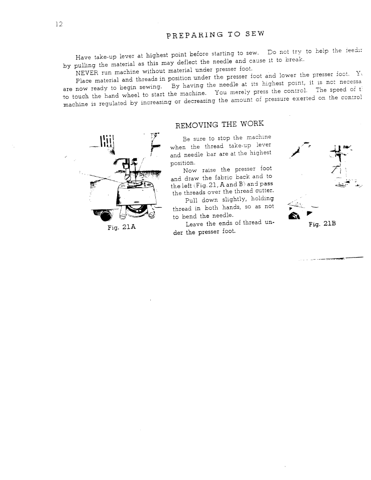 Removing the work, Fig. 21b, Llii | S e w | SINGER W711 User Manual | Page 12 / 46
