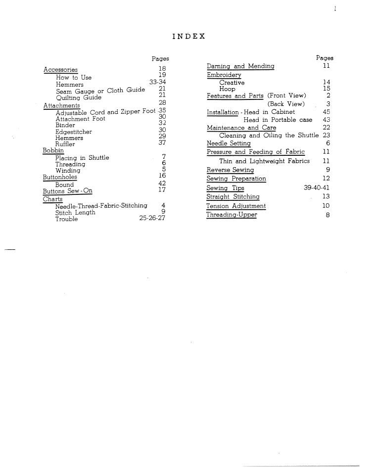 Index | SINGER W711 User Manual | Page 2 / 46