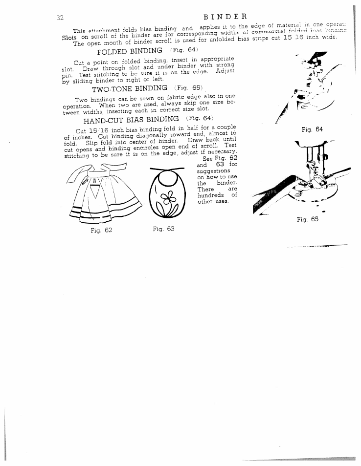 Folded binding, Two-tone binding (fig. 65), Bias binding | SINGER W711 User Manual | Page 32 / 46