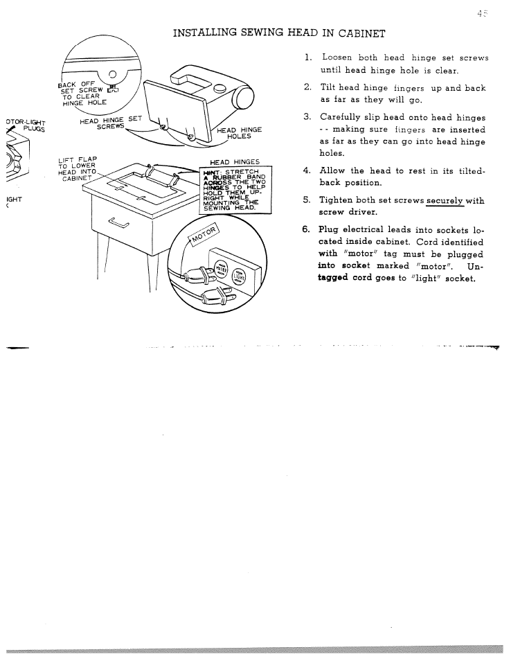 Installing sewing head in cabinet, Fingers | SINGER W711 User Manual | Page 46 / 46