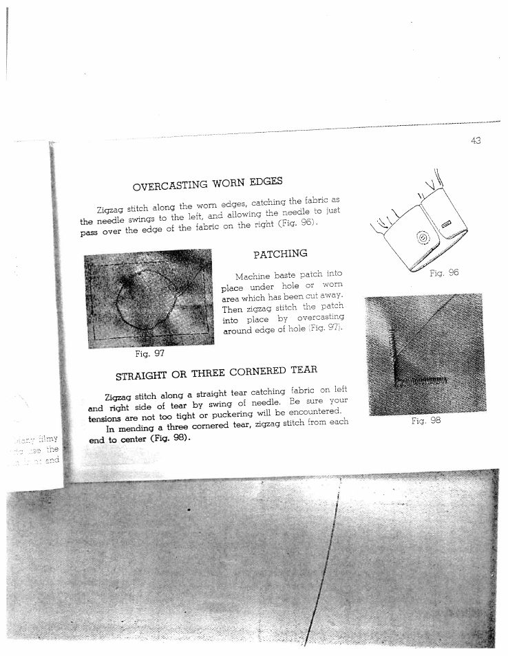 Overcasting worn edges, Patching, Straight or three cornered tear | Zigzag stitch along a strihght tear catching | SINGER W712 User Manual | Page 44 / 48