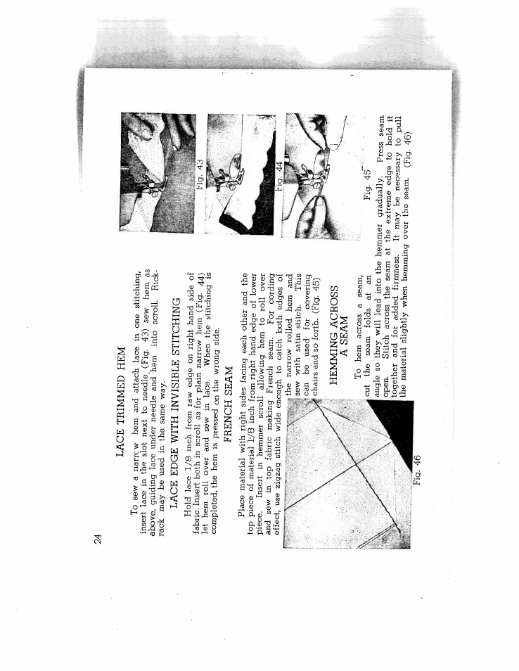 Lace trimmed hem, Lace edge with invisible stitching, French seam | Hemming across a seam | SINGER W714 User Manual | Page 26 / 44