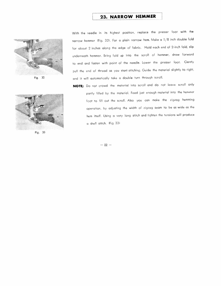 J 23. narrow hemmir^ j, Narrow hemmer | SINGER W7317 User Manual | Page 23 / 32