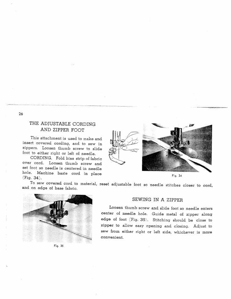 The adjustable cording and zipper foot, Sewing in a zipper | SINGER W7911 User Manual | Page 26 / 29