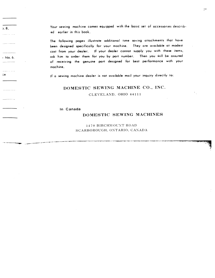 In canada, Domestic sewing machine co., inc, Domestic sewing machines | SINGER W801 User Manual | Page 30 / 48