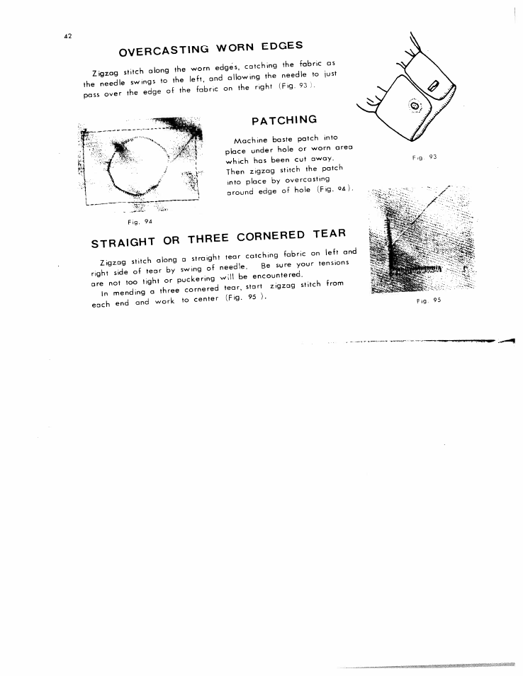 Overcasting worn edges, Straight ob three cornered tear | SINGER W801 User Manual | Page 43 / 48