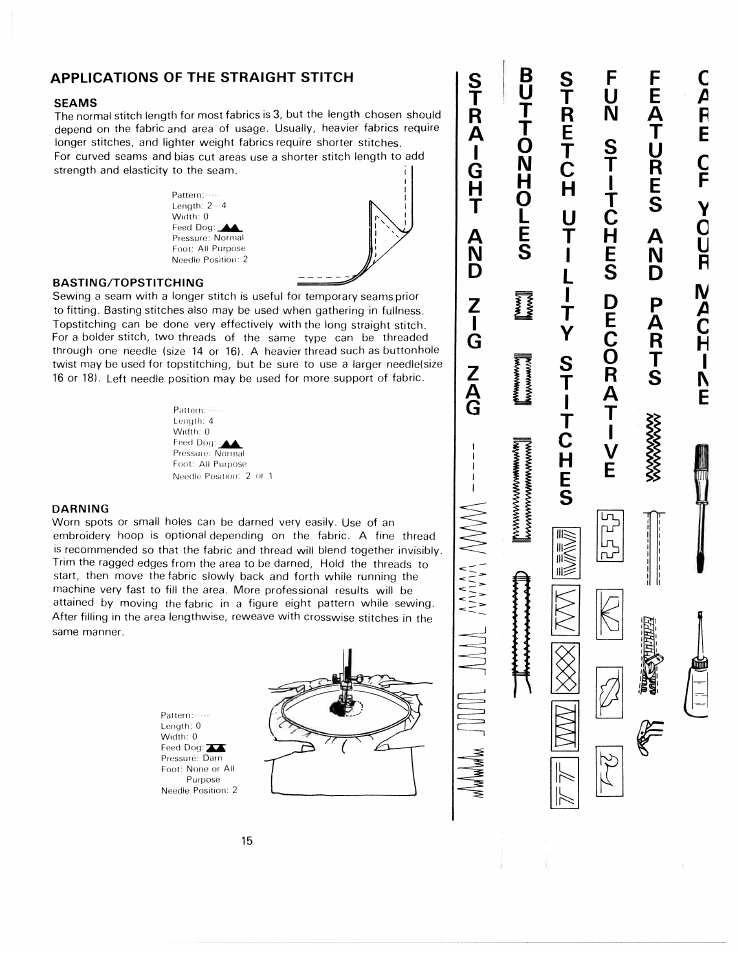 Seams, Basting/topstitching, Darning | Ls t r e | SINGER W811 User Manual | Page 19 / 58