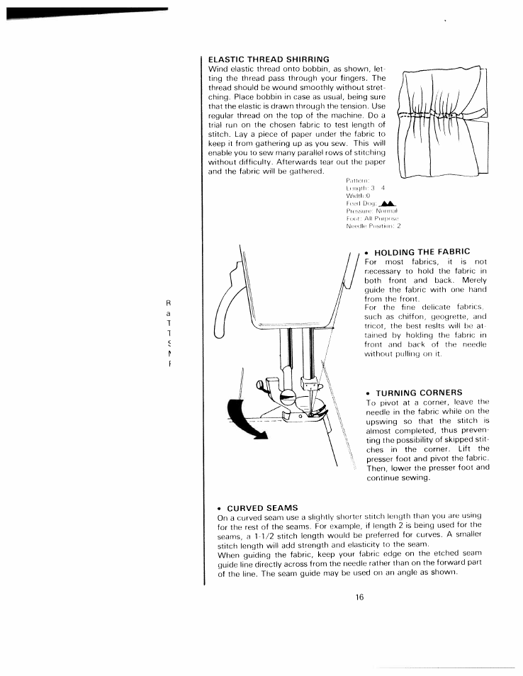 Elastic thread shirring, Holding the fabric, Turning corners | Curved seams | SINGER W811 User Manual | Page 20 / 58