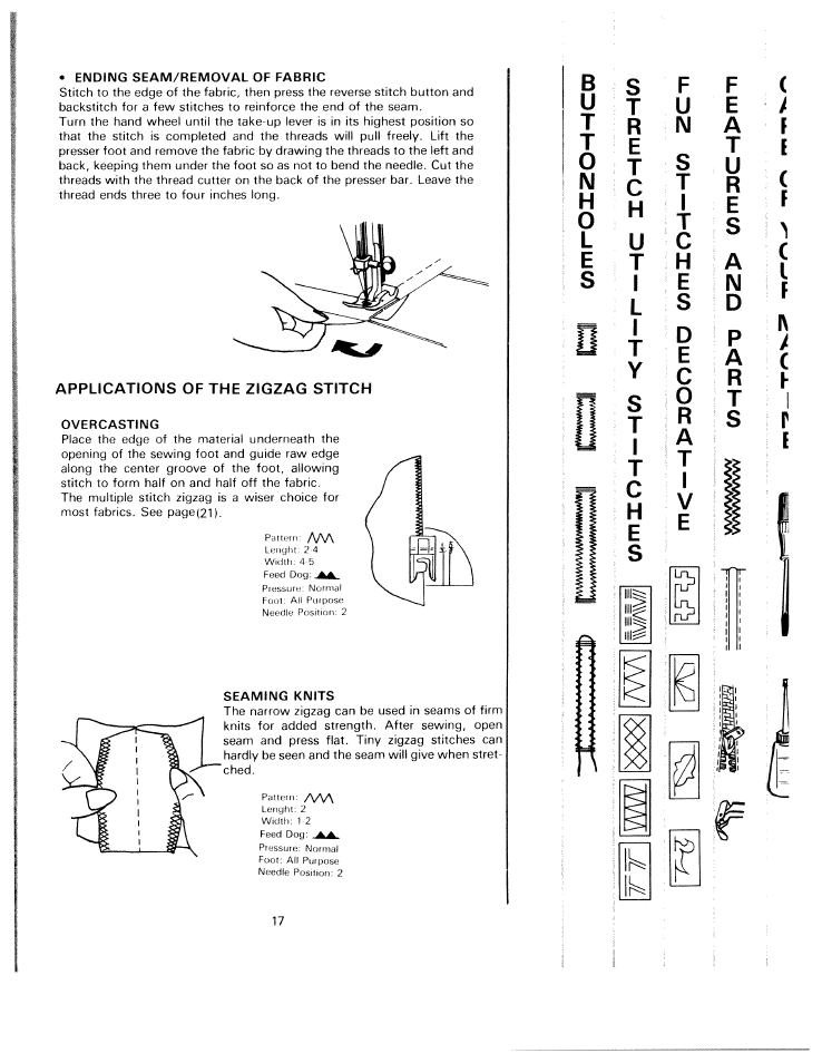 Ending seam/removal of fabric, Overcasting, Seaming knits | Le s s t, Applications of the zigzag stitch | SINGER W811 User Manual | Page 21 / 58