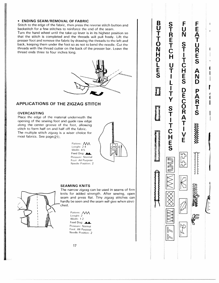 Ending seam/removal of fabric, Overcasting, Seaming knits | Ет с н, Applications of the zigzag stitch | SINGER W811 User Manual | Page 23 / 58