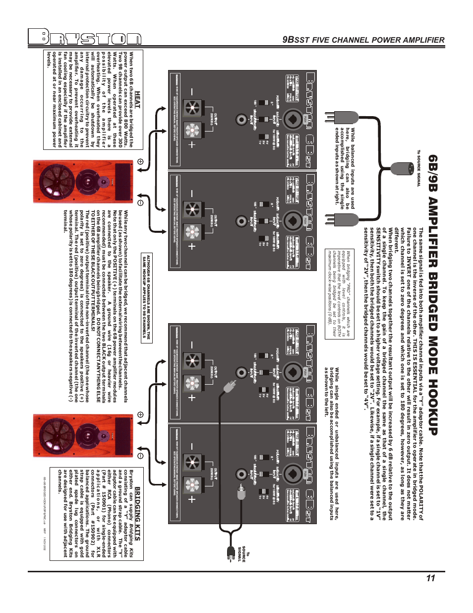 6b/9b amplifier bridged mode hook up, 11 9b, Five channel power amplifier | Heat, Bridging kits | Bryston 9BSST User Manual | Page 13 / 16